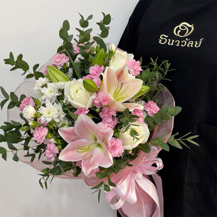 Pink Lily and White Rose bouquet