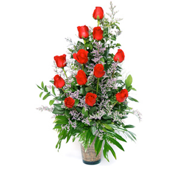 12 Premium long stemmed red roses in a glass vase แจกันกุหลาบ Red 12 ดอก