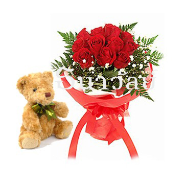 Bouquet of 12 short stemmed red roses with teddy bear