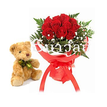 Promotion(25%off)Valentine's day - Bouquet of 12 short stemmed red roses with teddy bear ช่อกลมกุหลาบแดง 12 ดอก และตุ๊กตาหมี