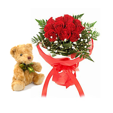 Bouquet of 12 short stemmed red roses with teddy bear